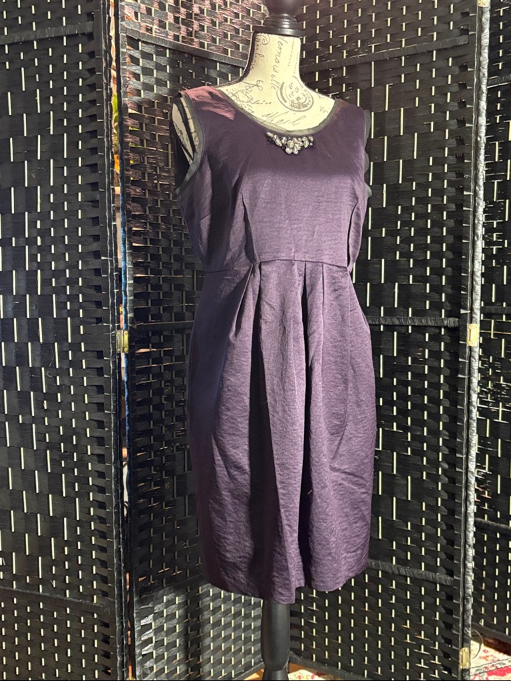 Vera Wang Purple Sleeveless Pleated Cocktail Dress with Beaded Neckline